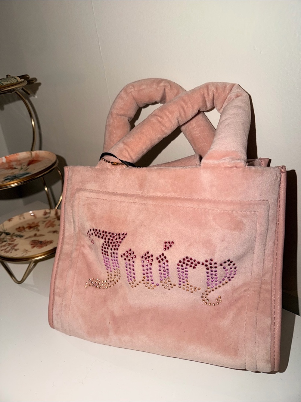 Juicy Couture Pink Velvet Mini Tote with Jeweled Logo NWT